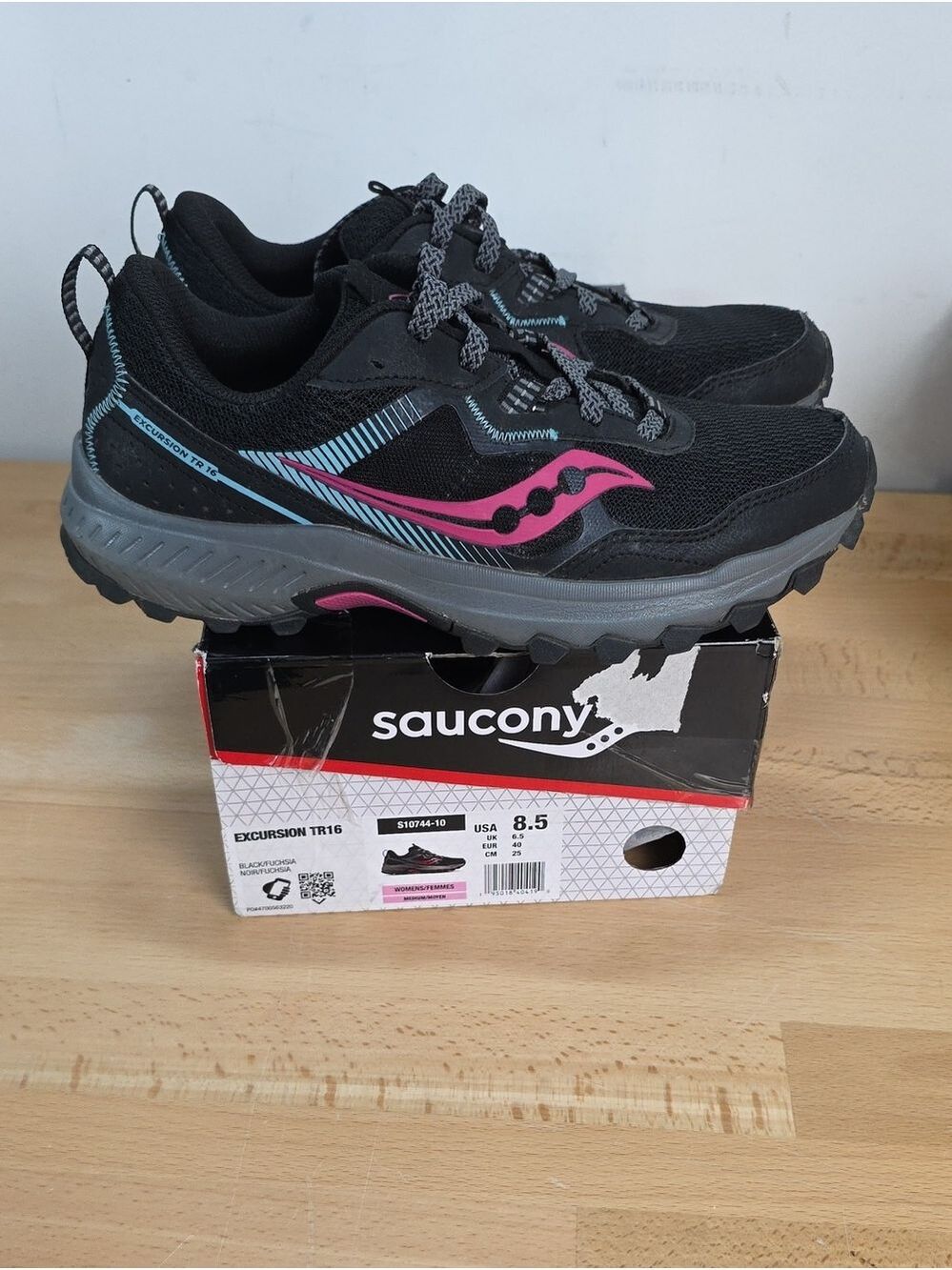 Saucony Black Trail Runners with Pink & Teal Accents Hole In Toe